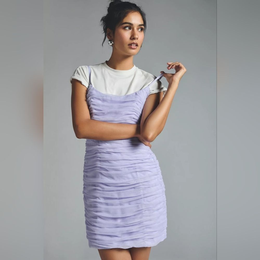 Anthropologie Hutch Runched Tulle Bow Mini Dress In Purple Size 12 NWT